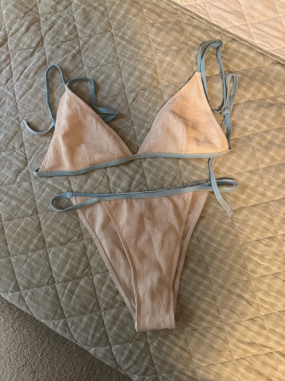 Textured Cream Bikini with Light Blue Trim